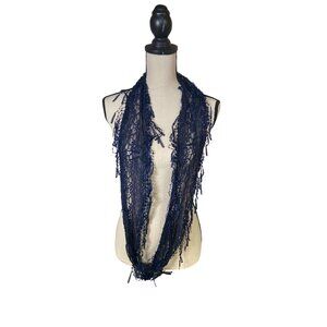 Womens Rectangle Infinity Scarf Lace Fringe Dark Blue Boho Chic Lightweight